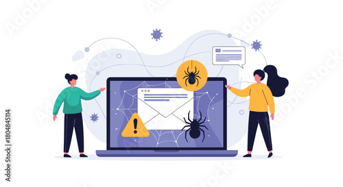 Two people are concerned about a computer screen showing an email with a spider web and warning signs, representing a cyber threat.