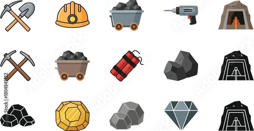 Collection of mining tools and resources, including pickaxes, helmets, coal, and gems