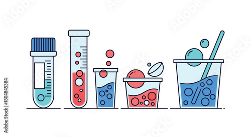 Collection of flat design illustrations of laboratory equipment with colorful liquids and bubbles.