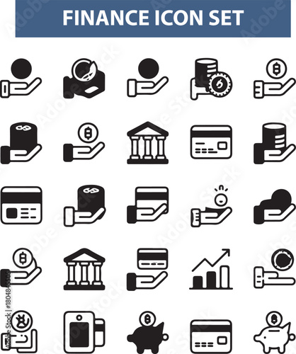 Finance solid icon set. Containing loan, cash, savings, financial goal, profit, budget, mutual fund, earning money, and revenue icons
