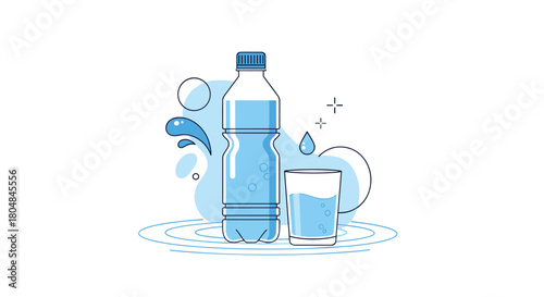 Flat illustration of a bottle of water next to a glass of water with splashes.