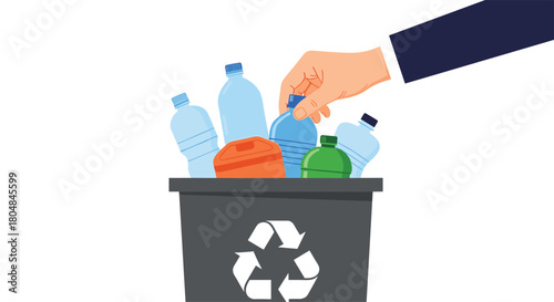 A hand in a suit jacket places plastic bottles into a recycling bin with the recycling symbol.