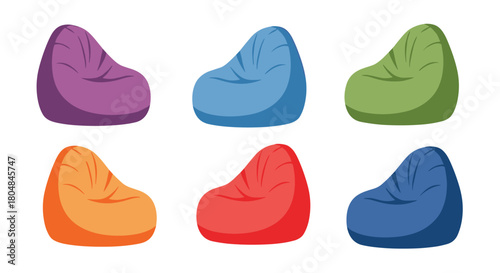 Set of six colorful bean bag chairs arranged in two rows on a white background.