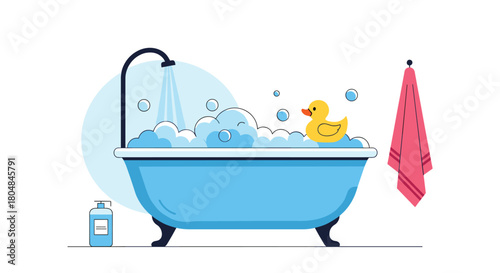 Illustration of a blue bathtub filled with bubbles and a rubber duck, with a shower running.