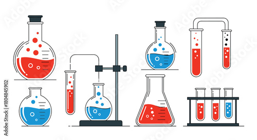 Collection of colorful laboratory flasks and test tubes with bubbling liquids.