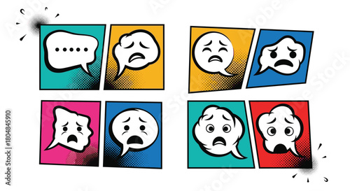 Collection of comic book speech bubbles showing various sad and worried facial expressions.