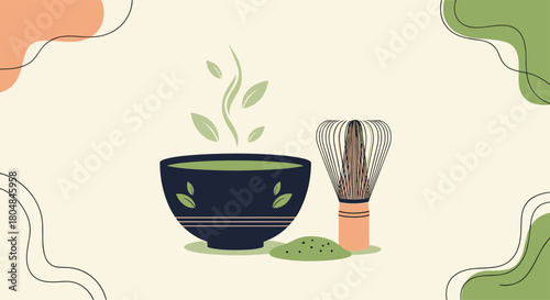 Illustration of matcha tea preparation with a whisk and a bowl.