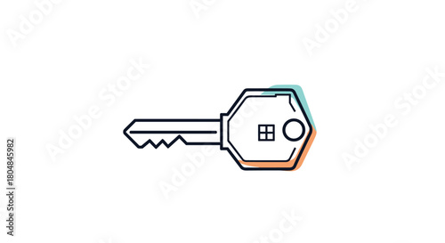Minimalist icon of a key with a house symbol and colored accents.