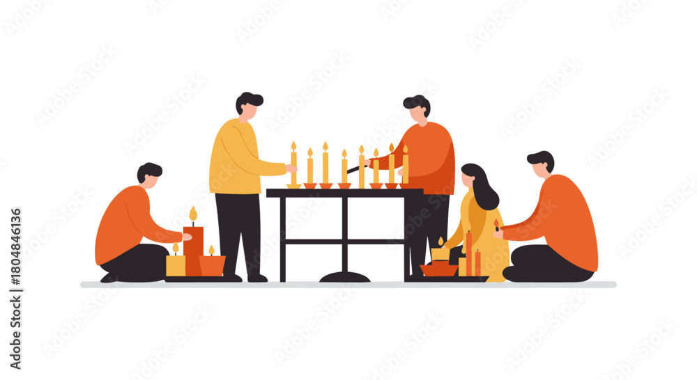 Fototapeta premium People Lighting Candles Together with Care