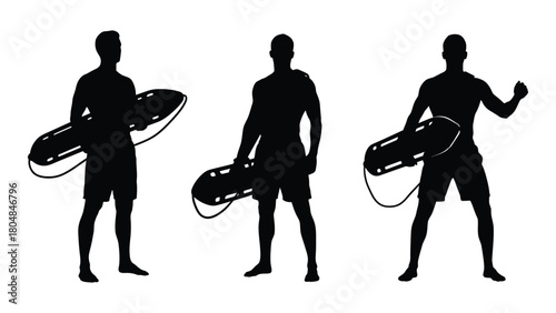 Lifeguard silhouettes with rescue tubes isolated on white background, Vector