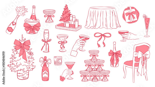 Champagne party elements. Cocktail pink glasses, bottles, and restaurant table for menu design, postcards. Vector vintage doodles