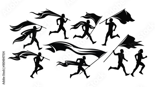 Running figures with waving flags silhouettes isolated on white background, Vector