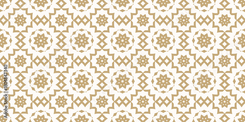 Vector seamless pattern with islamic geometric floral traditional ornament. Ethnic arabesque texture with star tiles. Gold and white background. Repeating design for fabric, textile, decor, print