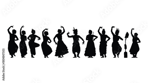 Indian classical dance silhouettes isolated on white background, Vector