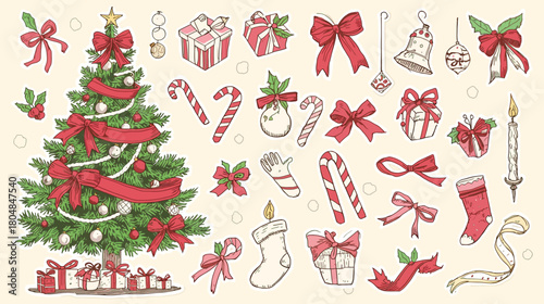 Hand Drawn Christmas Stickers with Tree Gifts Bows and Holiday Decorations