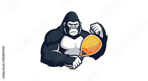 Strong Gorilla Holding a Racket for Sports like Tennis or Padel, Iconic Mascot Illustration