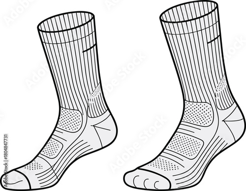 Athletic performance socks illustration, technical footwear sketch, sports sock design, ribbed cuff detail, reinforced heel toe, ergonomic apparel drawing, breathable fabric template