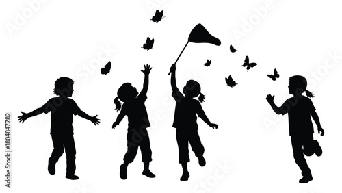 Children chasing butterflies silhouette isolated on white background, Vector