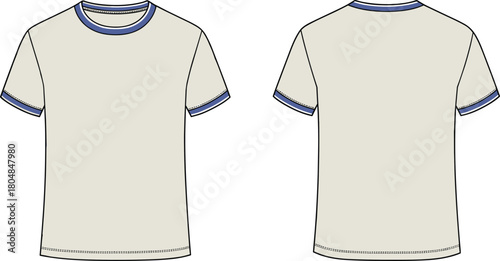 Beige t shirt, off white fashion top, blue trim neckline, casual short sleeve clothing, unisex apparel, blank garment, modern design