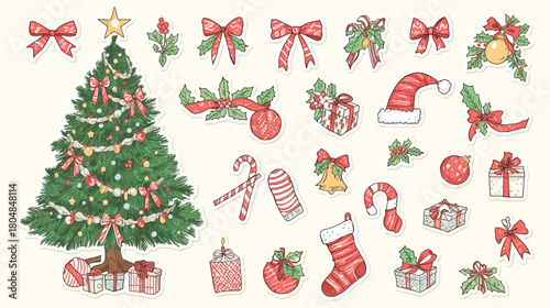 Festive Christmas Stickers A Hand Drawn Collection of Holiday Cheer and Decorations