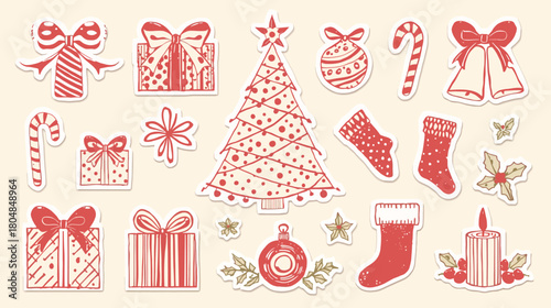 Collection of Hand Drawn Red Christmas Stickers on a Cream Background