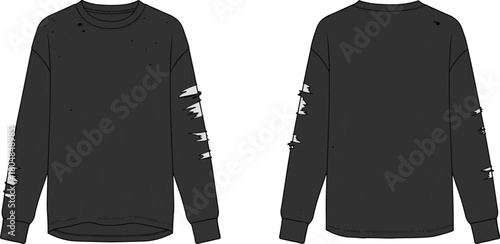 Black long sleeve distressed sweatshirt front and back view, crew neck design with ripped sleeves, grunge streetwear apparel fashion template illustration