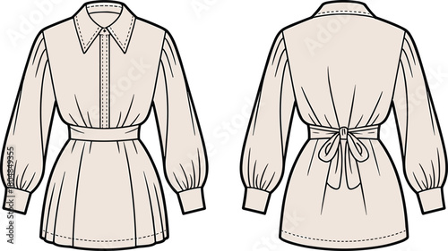 Blouse technical sketch, front and back view, puff sleeve, pointed collar, belted waist, fashion flat drawing, garment design template