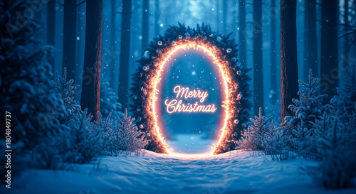 Fototapeta Naklejka Na Ścianę i Meble -  Merry christmas glowing portal in a snowy winter forest wonderland scene at night on transparent background