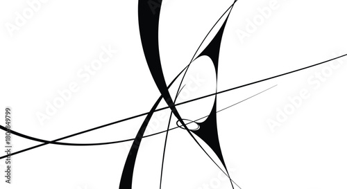 Abstract vector composition, black-and-white curved geometric design with mirrored hourglass shape, editable premium artwork