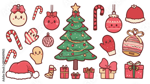 Cute Christmas Kawaii Style Illustration with Tree Ornaments Presents Candy Canes and Winter Accessories