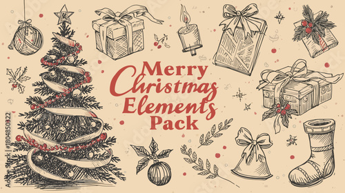 Hand Drawn Merry Christmas Elements Pack with Tree Gifts and Decorations
