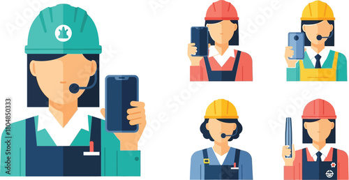 Diverse customer service professionals in hard hats assisting with technical support via mobile devices