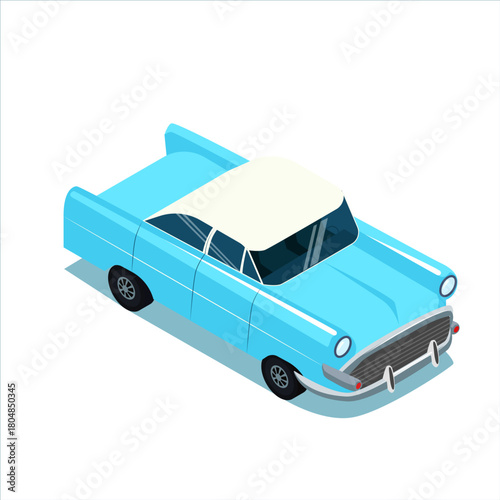 Blue vintage classic car with white roof isometric side view retro automobile isolated on white background for transport posters ads and web design