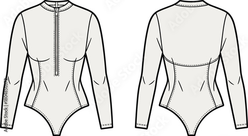 Bodysuit flat sketch, fashion design template, technical apparel drawing, front and back view, long sleeves, zipper closure, high neckline, garment construction