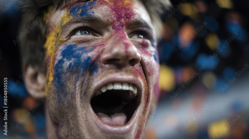 Naklejka premium Colorful face paint fan, screaming joy, confetti, stadium, passion