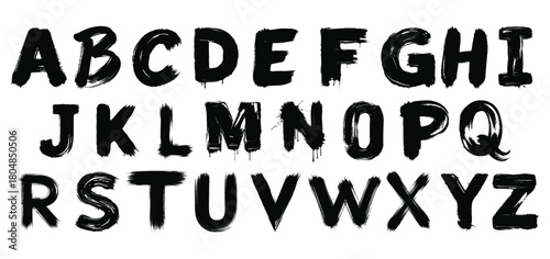 Hand drawn alphabet with brush strokes in black and white for creative design
