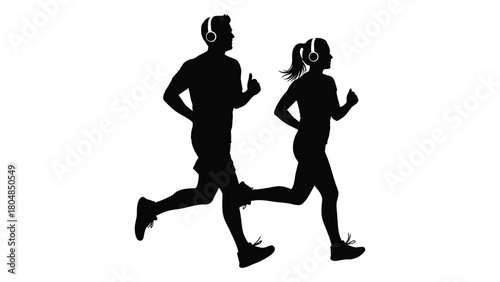 Running couple with headphones silhouette isolated on white background, Vector