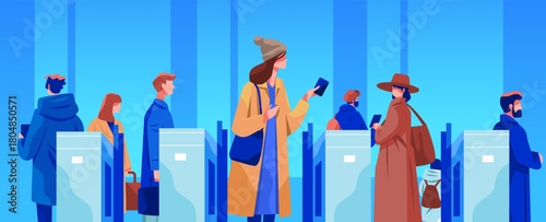Airport security line travelers using smartphones diverse people waiting at automated gates modern blue background banner