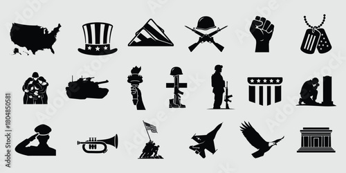 Collection of patriotic american symbols and military silhouettes representing freedom and remembrance