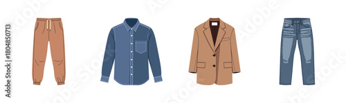 Casual outfits featuring brown pants, denim shirt, tan blazer, blue jeans