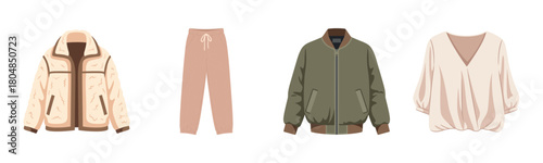 Casual clothing collection featuring jacket, sweatpants, bomber jacket, blouse