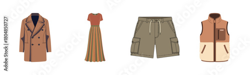 Collection of stylish fashion items: coat, dress, shorts, and vest illustration