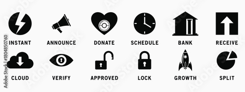 Collection of black and white vector icons representing various business and technology concepts and actions