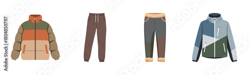 Colorful winter jackets and pants set on white background