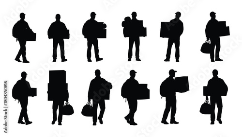 Delivery couriers with packages silhouettes isolated on white background, Vector