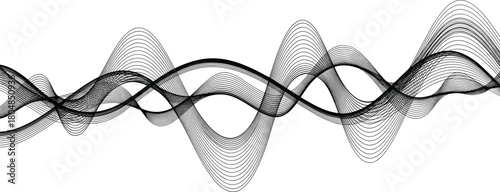 Sinusoidal waveform vector design, black-and-white overlapping frequency pattern with dynamic symmetry, editable premium artwork