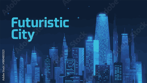 Futuristic City Skyline at Night with Blue Lights urban