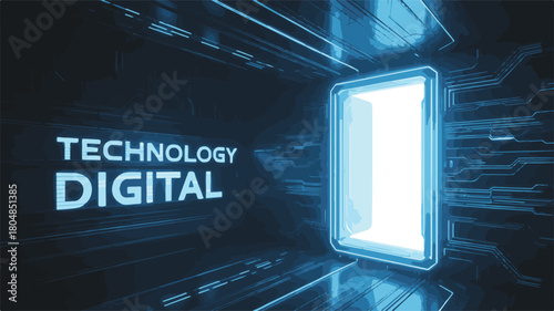 Futuristic Digital Technology Portal with Glowing Entrance Keywords: technology, digital