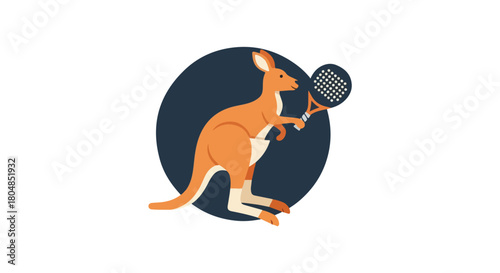 An illustrative logo of a kangaroo playing tennis with a racket, a flat vector icon design suitable for a sports team or club, isolated on a white background. 