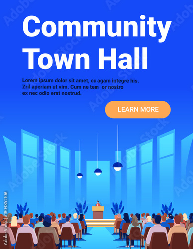 Community town hall meeting audience speaker large modern conference room blue background event podium chairs plants website banner